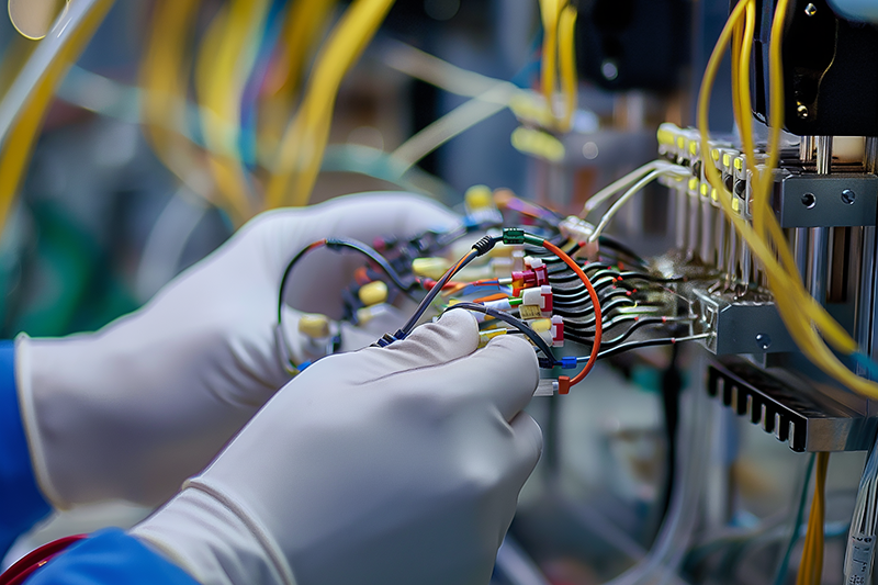 Close-up of a technician’s hands in white gloves working on intricate wiring of a robotic system