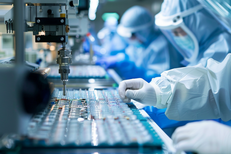 Workers in protective clothing operating machinery in a high-tech manufacturing environment.