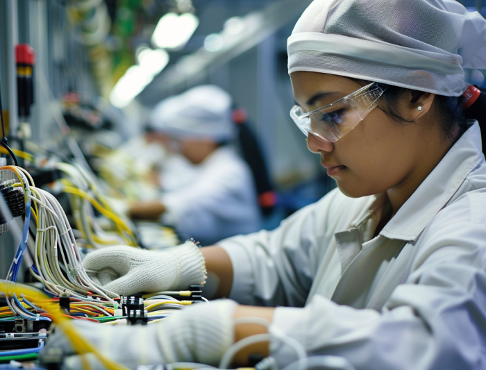 Technicians in Cleanroom Assembling Cable and Wire Harnesses