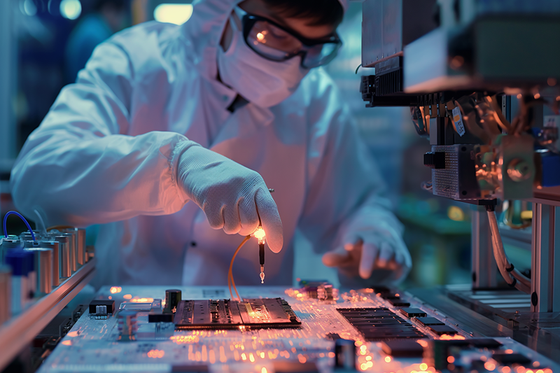 Technician Conducting Electronic Manufacturing in Cleanroom